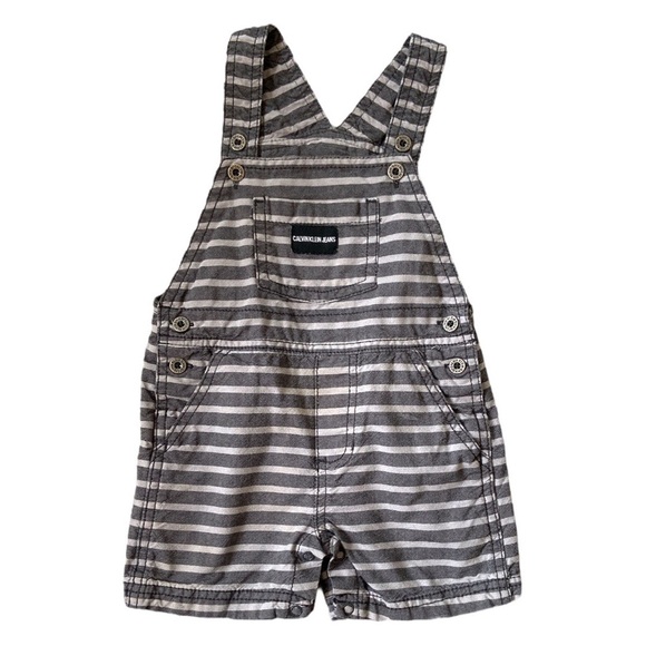 Y2K Calvin Klein Overalls Shortalls Shorts Romper Jumper Stripe Black Gray - Picture 1 of 12